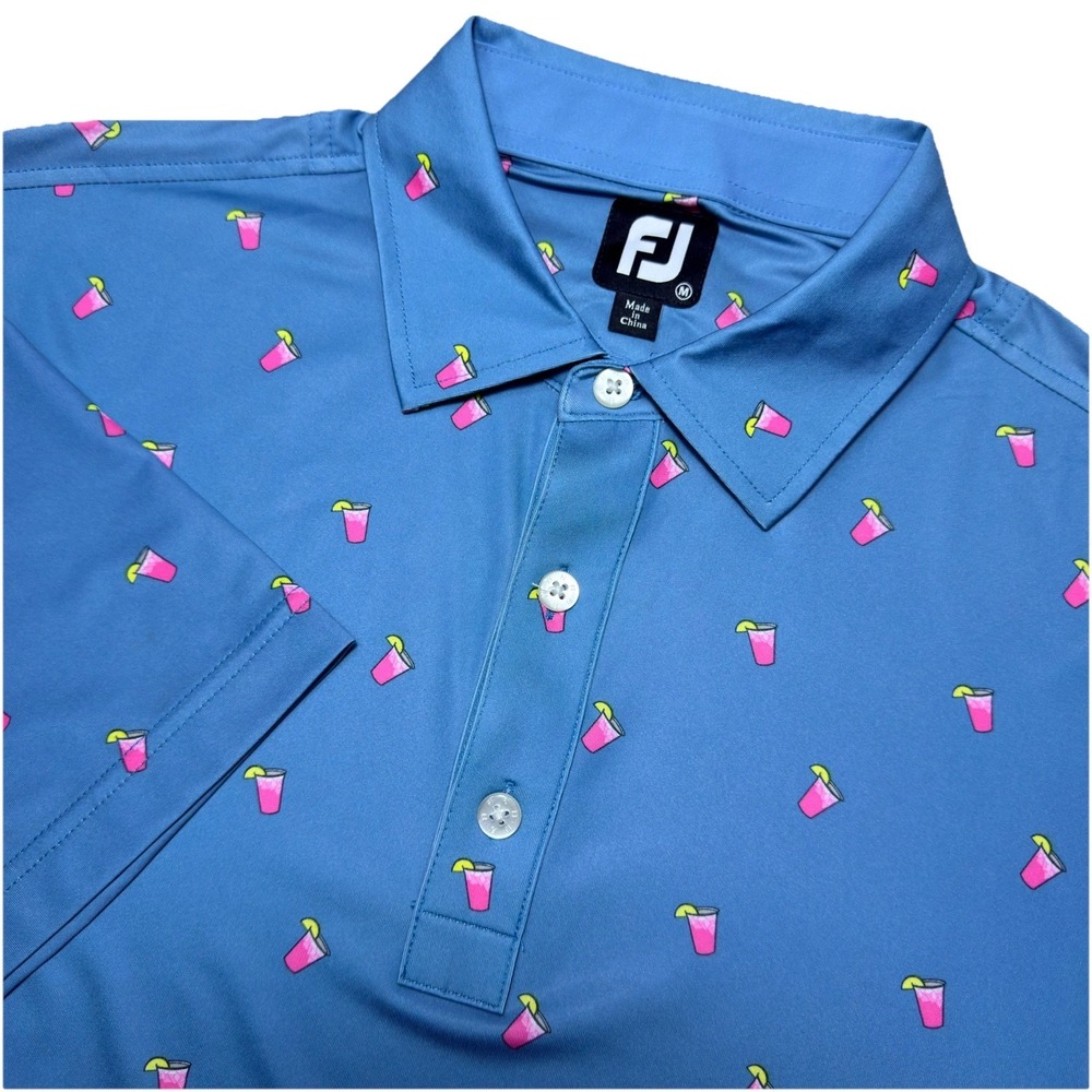 Footjoy Polo Medium Cocktail Drinks AOP Blue Lisle Performance Golf Men Shirt